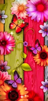 Vibrant wallpaper with flowers and butterflies on a wooden background.