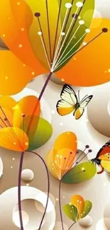 Vibrant abstract floral wallpaper with butterflies.