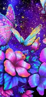 Artistic neon butterflies and flowers on cosmic background wallpaper.