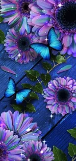 Purple flowers and blue butterflies on a blue wooden background.