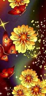 Vibrant yellow flowers with butterflies and stars on a dark red background.