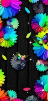 Colorful flowers and butterflies on dark background wallpaper.