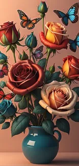 Vibrant roses and butterflies in a blue vase on a warm background.