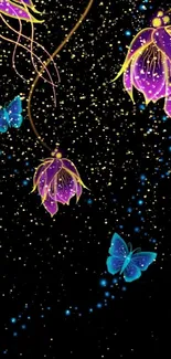 Vibrant floral wallpaper with glowing butterflies on a black background.