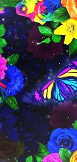 Vibrant wallpaper featuring neon flowers and a multicolored butterfly on a dark background.