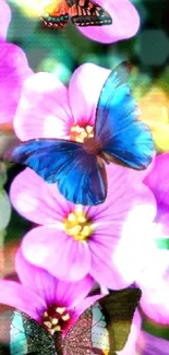 Purple flowers with a blue butterfly in a vibrant nature scene.