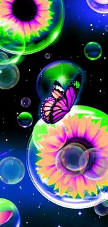 Vibrant sunflower and butterfly wallpaper with neon cosmic design.