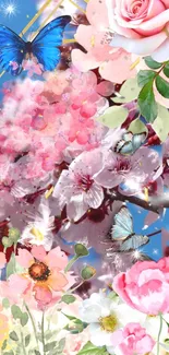 Vibrant floral wallpaper with butterflies and pink blossoms in a digital design.