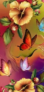 Vibrant floral wallpaper with butterflies.