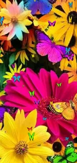 Vibrant floral and butterfly mobile wallpaper with bright yellow and pink flowers.