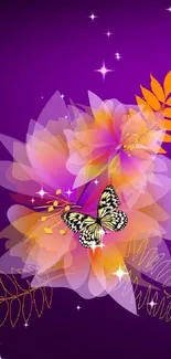 Purple wallpaper with floral design and a butterfly.