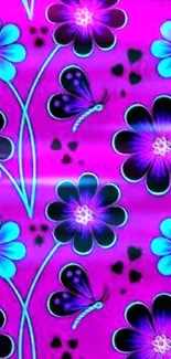 Vibrant purple wallpaper with blue flowers and butterflies.