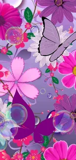 Colorful wallpaper with butterflies and flowers in purple hues.