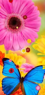 A vibrant mobile wallpaper with a blue butterfly and colorful flowers.