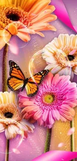 Vibrant pink floral wallpaper with butterfly and colorful flowers.