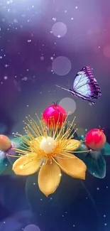 Purple and yellow flower with butterfly on dreamlike background.