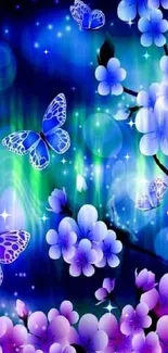 Vibrant wallpaper with purple flowers and butterflies on a blue background.