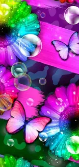 Colorful floral and butterfly phone wallpaper.