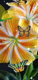 Orange and white flowers with butterflies on a vibrant wallpaper.