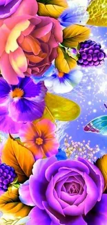 Vibrant floral wallpaper with butterfly and colorful flowers.