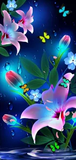 Colorful flowers and butterflies on deep blue background.