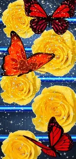 Vibrant wallpaper with yellow roses and red butterflies.