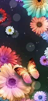 Floral wallpaper with colorful daisies and butterfly.