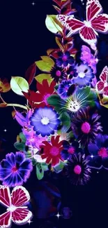 Vibrant floral and butterfly design on dark background.