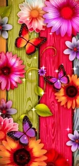 Vibrant flowers and butterflies on a colorful wooden background.