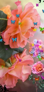 Vibrant wallpaper with orange roses and colorful butterflies.