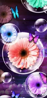 Vibrant wallpaper with flowers and butterflies on a purple background.