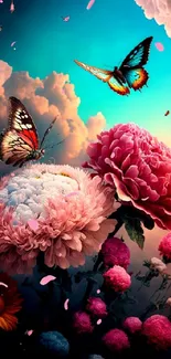 Vibrant butterflies and flowers wallpaper with turquoise sky.