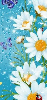 Vibrant wallpaper with daisies and butterflies on a blue background.