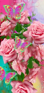 Vibrant pink roses with colorful butterflies on a lively background.