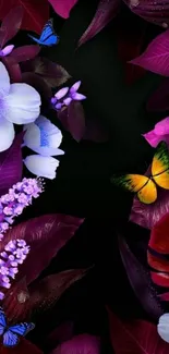 Colorful floral and butterfly mobile wallpaper with a dark theme.