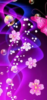 Colorful floral butterfly wallpaper with vibrant pink and purple hues.