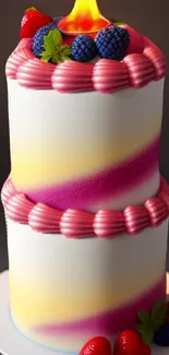 Two-tiered cake with vibrant colors and berries on top, candle lit.