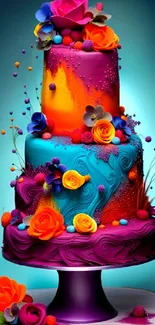 Vibrant three-tier cake with colorful floral decorations.