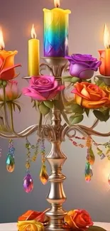 A vibrant floral candle arrangement with colorful roses and artful elegance.