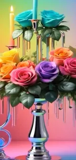 Colorful floral display with candles.