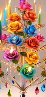 Colorful roses with glowing candles image