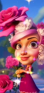 Cute cartoon character with vibrant pink flowers.