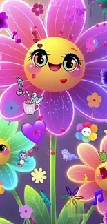 Colorful cartoon flowers with happy faces design.