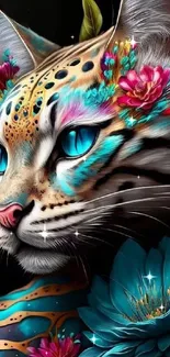 Colorful floral cat art mobile wallpaper.