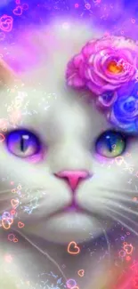 Colorful cat with floral design on blue-purple background.