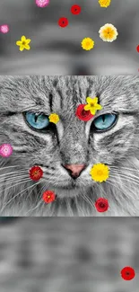 Gray cat with blue eyes adorned with colorful flowers.