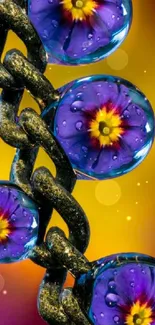 Vibrant purple floral chain wallpaper with droplets.