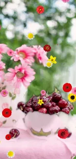 Pink flowers with cherries and blossoms in nature scene.