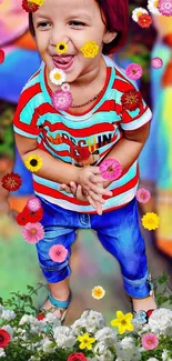 Joyful child with colorful floral background on mobile wallpaper.