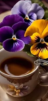 Elegant purple pansies with a coffee cup on a stylish table setting.